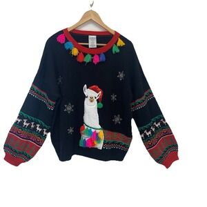 99 Jane Street Colorful Christmas Sweater Woman XXL‎ Lama Fair Isle Fringe Neck